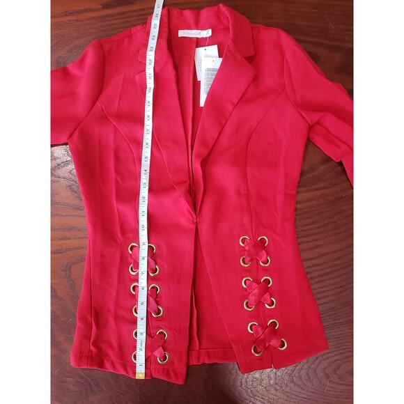 Shoe Dazzle Red Closed Clip Lace Design Long Sleeved Blazer Suit Jacket - Picture 9 of 9
